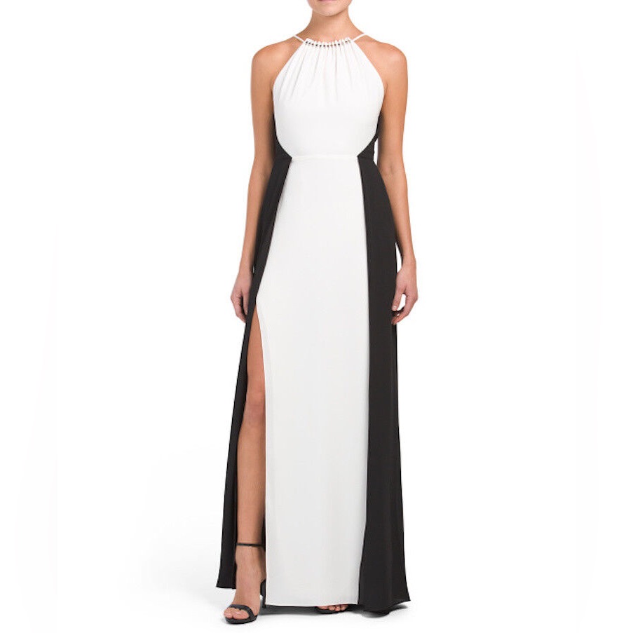 Halston Heritage Shirred Studded Neck Colorblock Gown